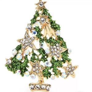 Vintage Gold Tone Christmas Tree Brooch with Multi Colored Crystals 🎄